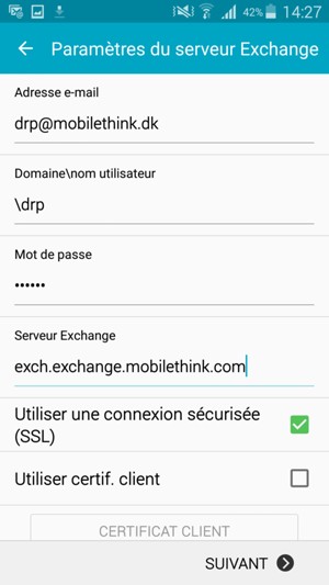 Saisissez votre Mot de passe et l'adresse du serveur Exchange. Sélectionnez SUIVANT