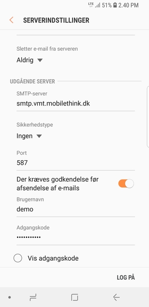 Scroll ned og indtast udgående serveradresse