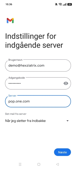 Indtast Brugernavn og indgående serveradresse. Vælg Næste