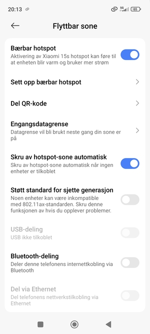 Telefonen din er konfigurert for bruk som et modem