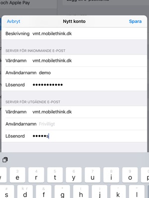 Ange e-postinformation för SERVER FÖR UTGÅENDE E-POST och välj Spara