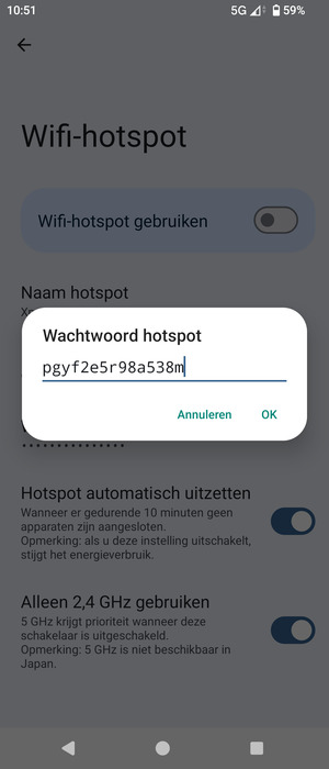 Voer een wachtwoord van een WiFi-hotspot in van ten minste 8 tekens en selecteer OK