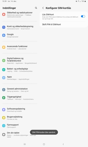 Din PIN-kode til SIM-kort er nu ændret