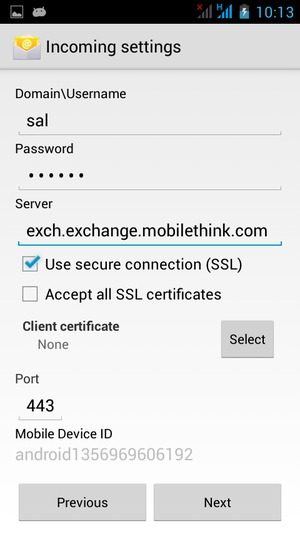 Enter Username and Exchange server address. Select Next
