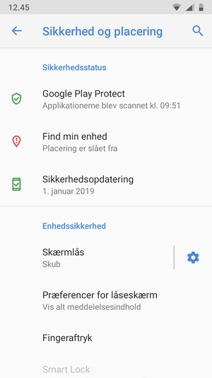 For at aktivere din skærmlås, gå til menuen Sikkerhed og placering og vælg Skærmlås