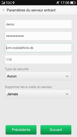 Saisissez votre Nom d'utilisateur et l'adresse du serveur Entrant. Sélectionnez Suivant
