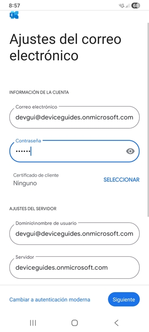 Introduzca Nombre de usuario y la dirección de servidor Exchange. Seleccione Siguiente