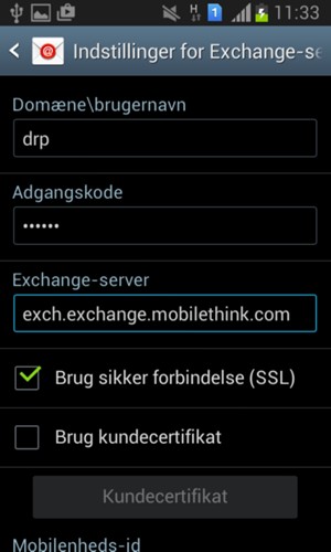 Indtast Brugernavn og Exchange serveradresse
