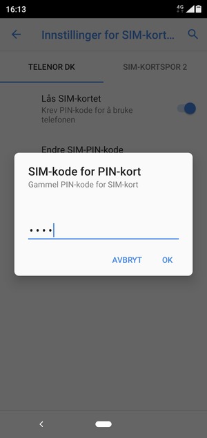 Skriv inn Gammel PIN-kode for SIM-kort og velg OK