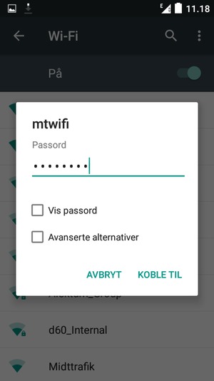 Skriv inn Wi-Fi-passord og velg KOBLE TIL