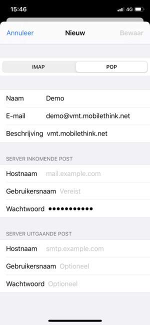 Selecteer POP of IMAP en voer e-mailgegevens voor SERVER INKOMENDE POST in