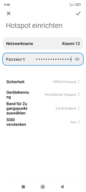 Geben Sie eine WLAN-Hotspot-Passwort mit mindestens 8 Zeichen ein und wählen Sie SPAREN