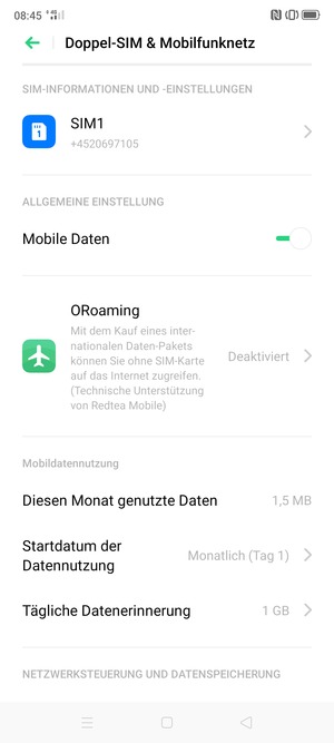 Wählen Sie SIM1 oder SIM2