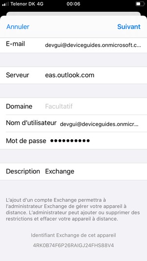 Saisissez vos informations de messagerie Exchange et sélectionnez Suivant