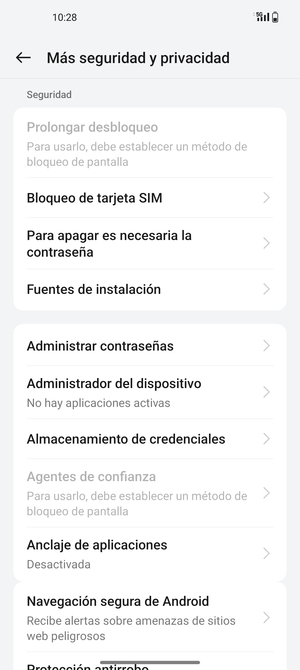 Desplácese y seleccione Bloqueo de tarjeta SIM