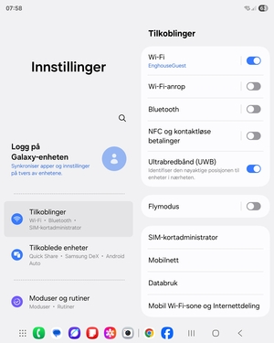 Velg Tilkoblinger og SIM-kortadministrator