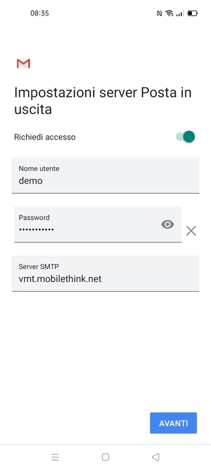 Inserisci l'indirizzo del server di posta in uscita