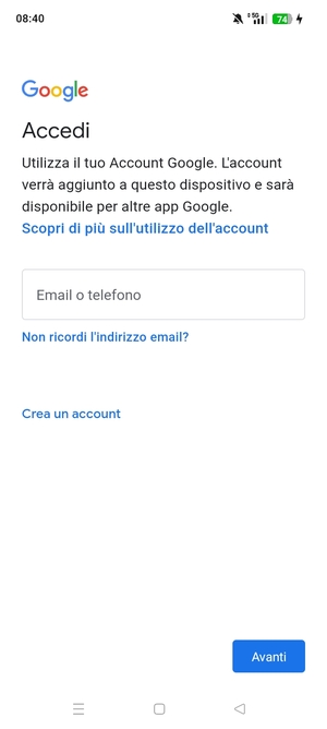 Inserisci il tuo indirizzo Gmail e seleziona Avanti
