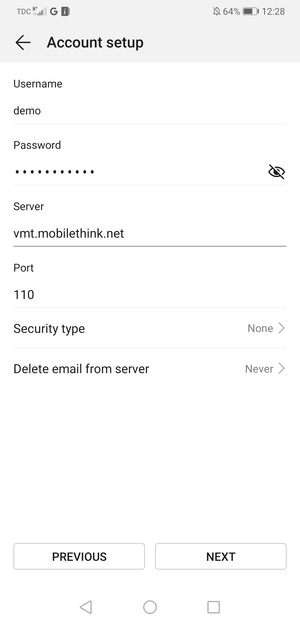 Enter Username and Incoming server address. Select NEXT