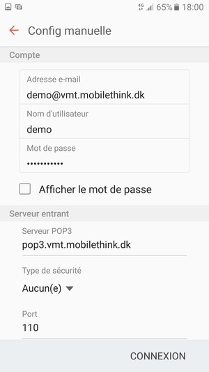 Saisissez votre Nom d'utilisateur et l'adresse du serveur entrant