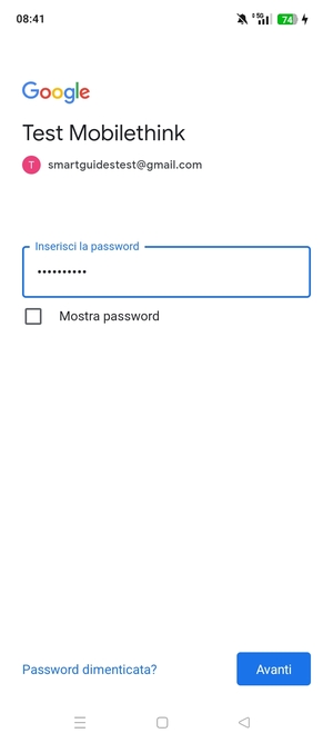 Inserisci la tua password e seleziona Avanti