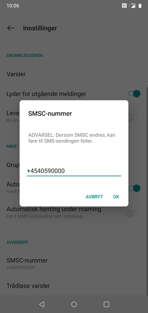 Skriv inn SMSC-nummer og velg OK