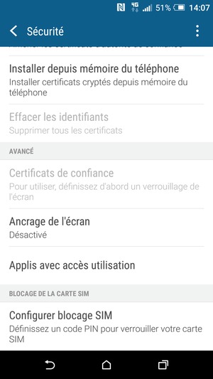Pour modifier le code PIN de la carte SIM, revenez au menu Sécurité, faites défiler et sélectionnez Configurer blocage SIM