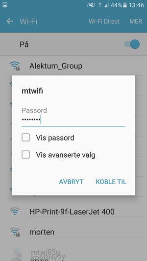 Skriv inn Wi-Fi-passord og velg KOBLE TIL