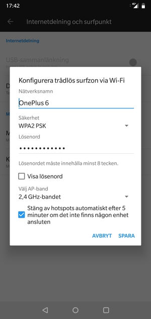 Ange ett lösenord för Wi-Fi-hotspoten, bestående av minst 8 tecken och välj SPARA