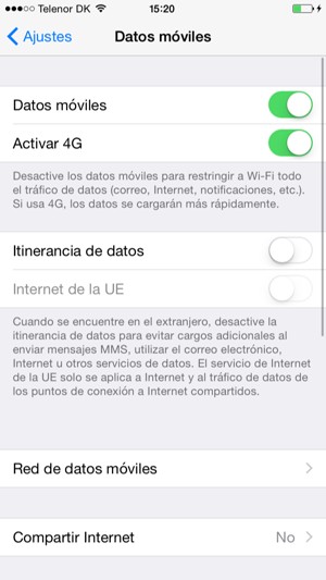 Configurar Itinerancia de datos en Activado o Desactivado