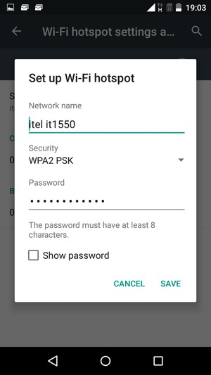 Enter a Wi-Fi hotspot password of at least 8 characters and select SAVE