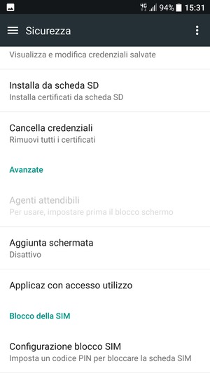 Per cambiare il PIN della scheda SIM, torna al menu Sicurezza, scorri fino a Configurazione blocco SIM e seleziona questa opzione