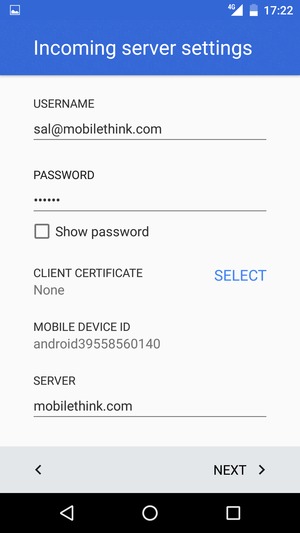 Enter Username and Exchange server address. Select NEXT