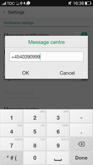 Enter the Message centre number and select OK