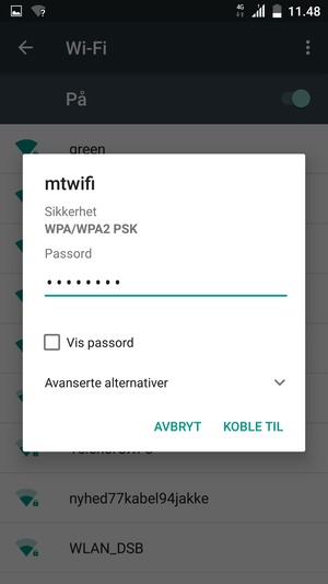 Skriv inn Wi-Fi-passord og velg KOBLE TIL