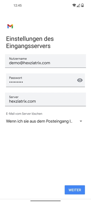 Geben Sie Benutzername und die Server-Adresse für eingehende Post ein. Wählen Sie WEITER
