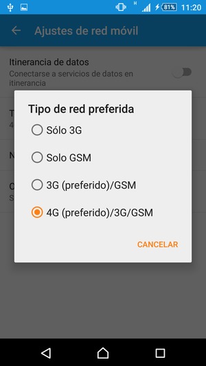 Seleccione Solo GSM para habilitar 2G