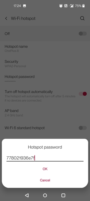 Enter a Wi-Fi hotspot password of at least 8 characters and select OK