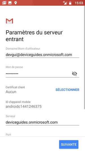 Saisissez votre Nom d'utilisateur et l'adresse du serveur Exchange. Sélectionnez SUIVANTE