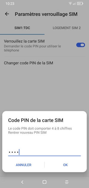 Veuillez confirmer votre nouveau code PIN de la SIM et sélectionner OK
