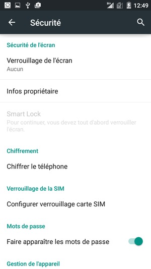 Pour activer votre écran de verrouillage, allez dans le menu Sécurité et sélectionnez Verrouillage de l'écran