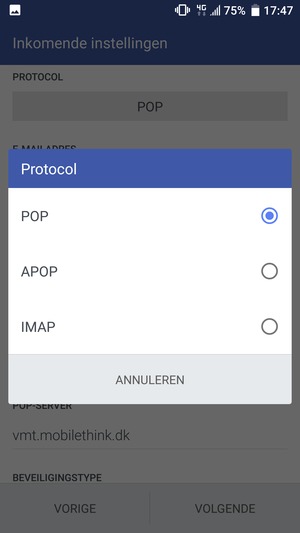 Selecteer POP of IMAP