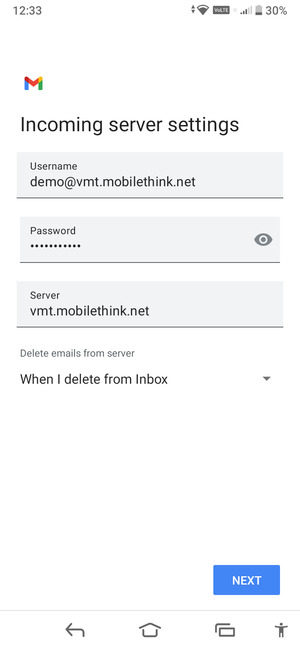 Enter Username and Incoming server address. Select NEXT