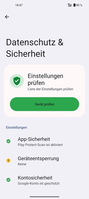 Um Ihre Bildschirmsperre zu aktivieren, gehen Sie zum Datenschutz & Sicherheit Menü und wählen Sie  Geräteentsperrung
