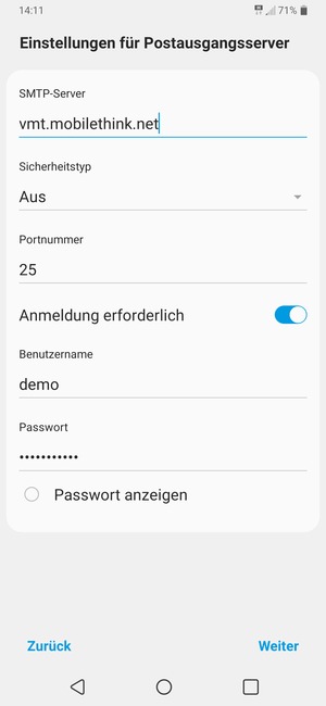 Geben Sie die Server-Adresse für ausgehende Post ein
