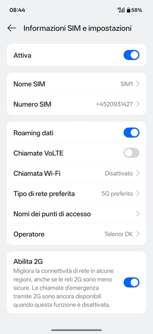 Attiva o disattiva Roaming dati