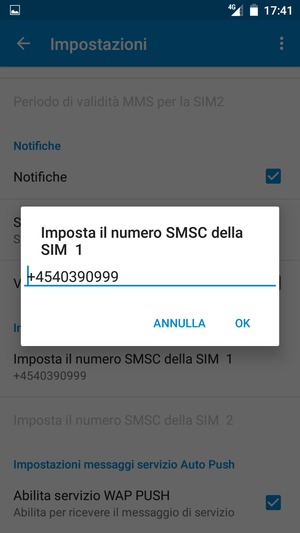 Inserisci Numero SMSC della SIM e seleziona OK