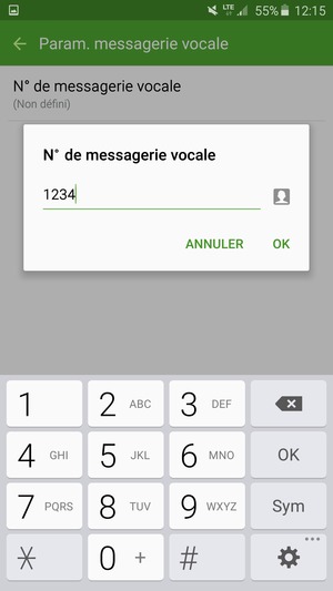 Saisissez le N° de messagerie vocale et sélectionnez OK