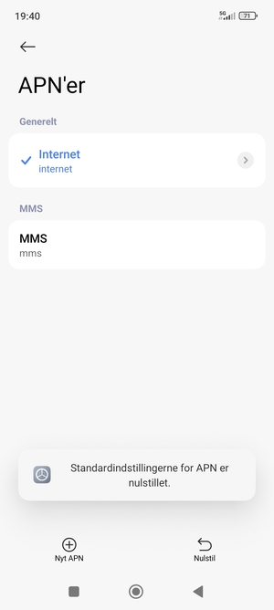 Din telefon vil nulstille til standard internet- og MMS-indstillinger
