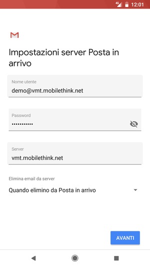 Inserisci Nome utente e l'indirizzo del server di posta in arrivo. Seleziona AVANTI